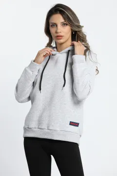 Kadın Kapüşonlu Persons Etiketli Üç İplik Şardonlu Sweatshirt Gri