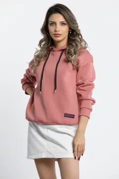 Kadın Kapüşonlu Persons Etiketli Üç İplik Şardonlu Sweatshirt Koyupudra