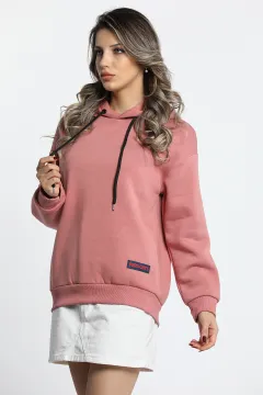 Kadın Kapüşonlu Persons Etiketli Üç İplik Şardonlu Sweatshirt Koyupudra
