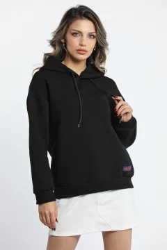 Kadın Kapüşonlu Persons Etiketli Üç İplik Şardonlu Sweatshirt Siyah