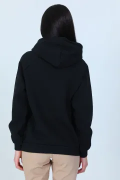Kadın Kapüşonlu Şardonlu Baskılı Sweatshirt Siyah
