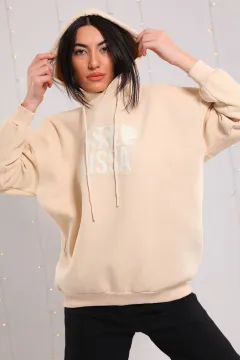 Kadın Kapüşonlu Şardonlu Baskılı Sweatshirt Taş