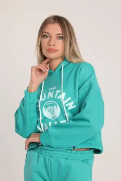 Kadın Kapüşonlu Şardonlu Crop Sweatshirt Mint
