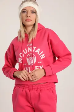 Kadın Kapüşonlu Şardonlu Crop Sweatshirt Fuşya