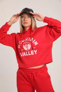 Kadın Kapüşonlu Şardonlu Crop Sweatshirt Kırmızı