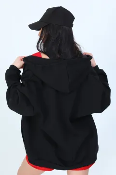 Kadın Kapüşonlu Şardonlu Fermuarlı Sweatshırt Siyah