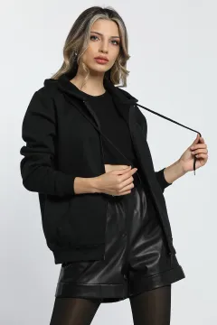 Kadın Kapüşonlu Şardonlu Fermuarlı Sweatshirt Siyah