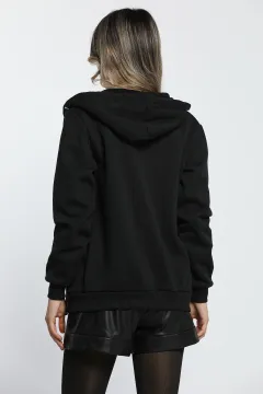Kadın Kapüşonlu Şardonlu Fermuarlı Sweatshirt Siyah
