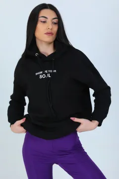 Kadın Kapüşonlu Şardonlu Ön Ve Arka Baskılı Sweatshirt Siyah