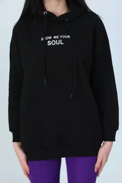 Kadın Kapüşonlu Şardonlu Ön Ve Arka Baskılı Sweatshirt Siyah