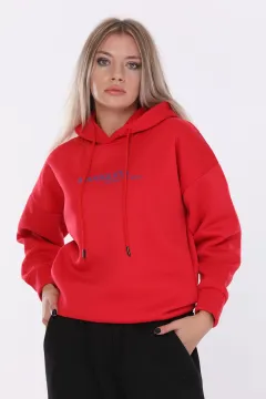 Kadın Kapüşonlu Şardonlu Sweatshirt Kırmızı