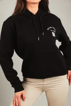 Kadın Kapüşonlu Üç İplik Şardonlu Sweatshirt Lacivert