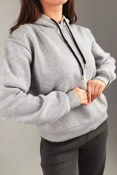 Kadın Kapüşonlu Üç İplik Şardonlu Sweatshirt Gri