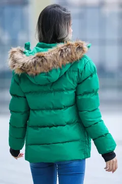 Kadın Kapüşonu Kürklü Şişme Mont Yeşil