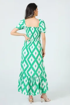 Kadın Kare Yaka Karpuz Kol Desenli Elbise Kremyeşil