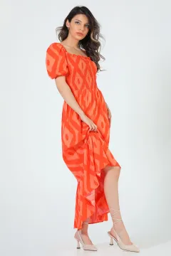 Kadın Kare Yaka Karpuz Kol Desenli Elbise Orange