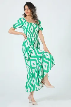 Kadın Kare Yaka Karpuz Kol Desenli Elbise Kremyeşil