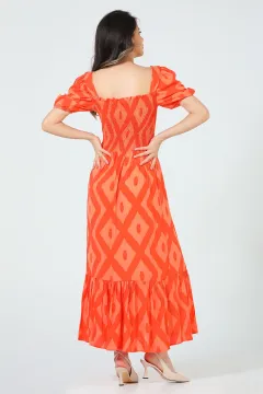Kadın Kare Yaka Karpuz Kol Desenli Elbise Orange