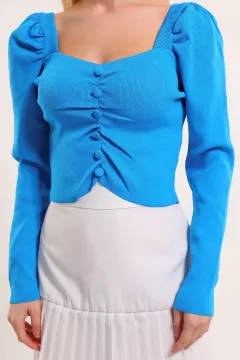 Kadın Kare Yaka Ön Düğme Detaylı Triko Crop Bluz Mavi