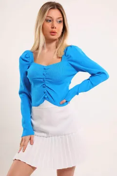Kadın Kare Yaka Ön Düğme Detaylı Triko Crop Bluz Mavi