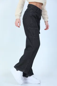 Kadın Kargo Cepli Bol Paça Jeans Pantolon Antrasit