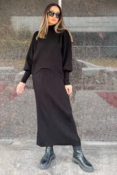 Kadın Kazak Elbise Triko İkili Takım Siyah