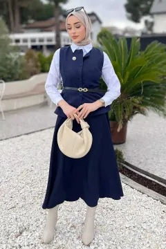 Kadın Kemer Ve Broş Detaylı Yelek Etek Tesettür İkili Takım Lacivert