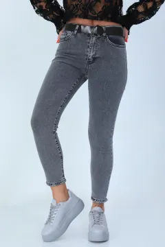 Kadın Kemerli Likralı Dar Paça Jeans Pantolon Antrasit
