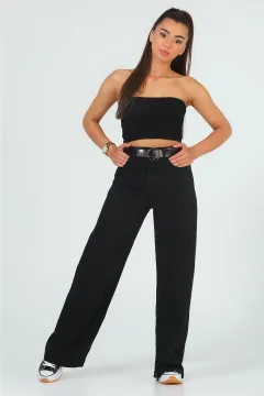 Kadın Kemerli Salaş Düz Retro Jeans Pantolon Siyah