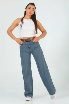 Kadın Kemerli Salaş Düz Retro Jeans Pantolon Mavi