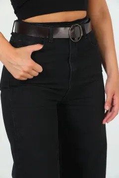 Kadın Kemerli Salaş Düz Retro Jeans Pantolon Siyah