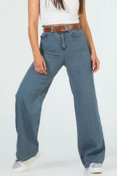 Kadın Kemerli Salaş Düz Retro Jeans Pantolon Mavi