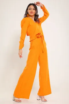 Kadın Kendinden Desenli Tesettür Gömlek Pantolon İkili Takım Orange