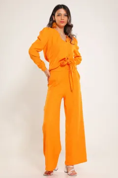 Kadın Kendinden Desenli Tesettür Gömlek Pantolon İkili Takım Orange