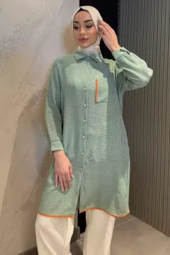 Kadın Kendinden Desenli Tek Cepli Tesettür Gömlek Tunik Mint
