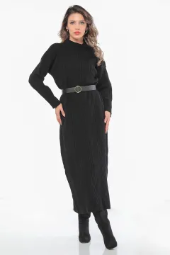 Kadın Kendinden Desenli Triko Elbise Siyah