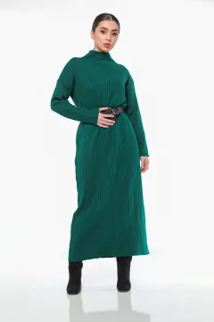 Kadın Kendinden Desenli Triko Elbise Yeşil