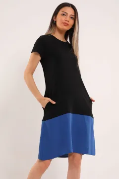 Kadın Kısa Kollu Çift Renkli Elbise Siyahmavi