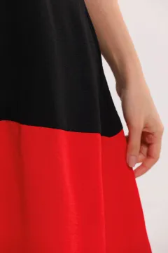 Kadın Kısa Kollu Çift Renkli Elbise Siyahkırmızı