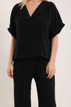 Kadın Kısa Kollu Pantolon Bluz İkili Takım Siyah