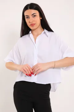 Kadın Kısa Kollu Salaş Crop Gömlek Beyaz