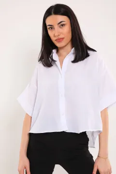 Kadın Kısa Kollu Salaş Crop Gömlek Beyaz