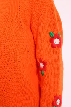 Kadın Kol Çiçek Nakışlı Triko Kazak Orange
