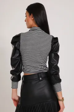 Kadın Kol Deri Detaylı Crop Bluz Siyah
