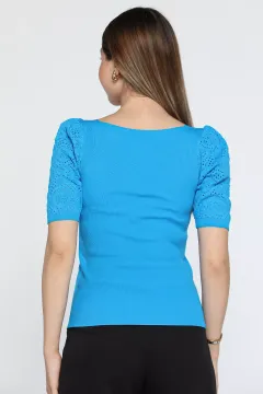 Kadın Kol Detaylı Mevsimlik Triko Bluz Mavi