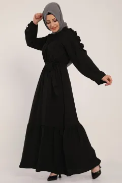 Kadın Kol Fırfır Detaylı Beli Kuşaklı Uzun Elbise Siyah
