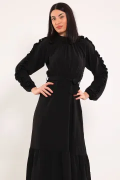 Kadın Kol Fırfır Detaylı Beli Kuşaklı Elbise Siyah