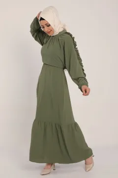 Kadın Kol Fırfır Detaylı Beli Kuşaklı Uzun Elbise Yeşil