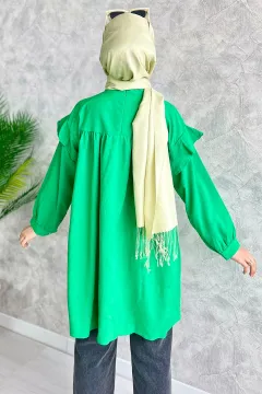 Kadın Kol Fırfırlı Etek Katlı Tesettür Tunik Yeşil