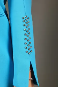 Kadın Kol Taş Detaylı Sahte Cepli Uzun Blazer Ceket Mavi
